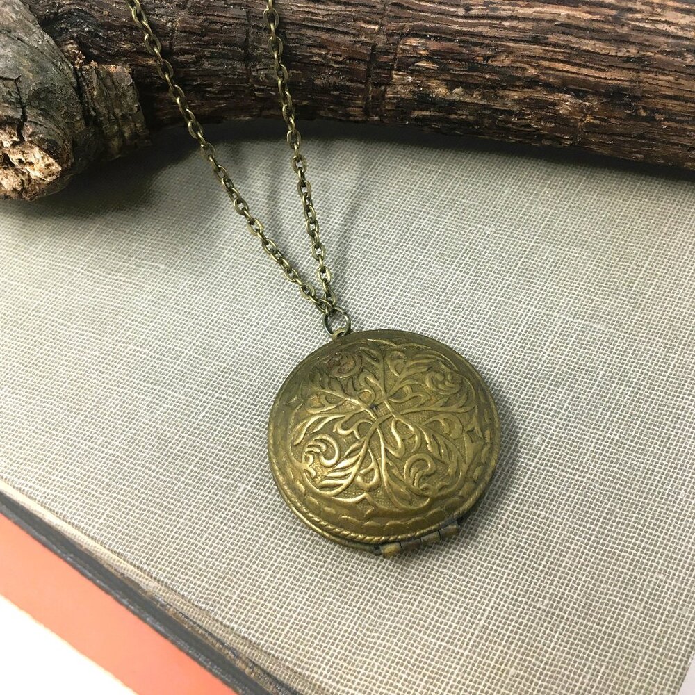 Vintage Round Dome Ornate Floral Relief Print Brass Locket Choker Necklace